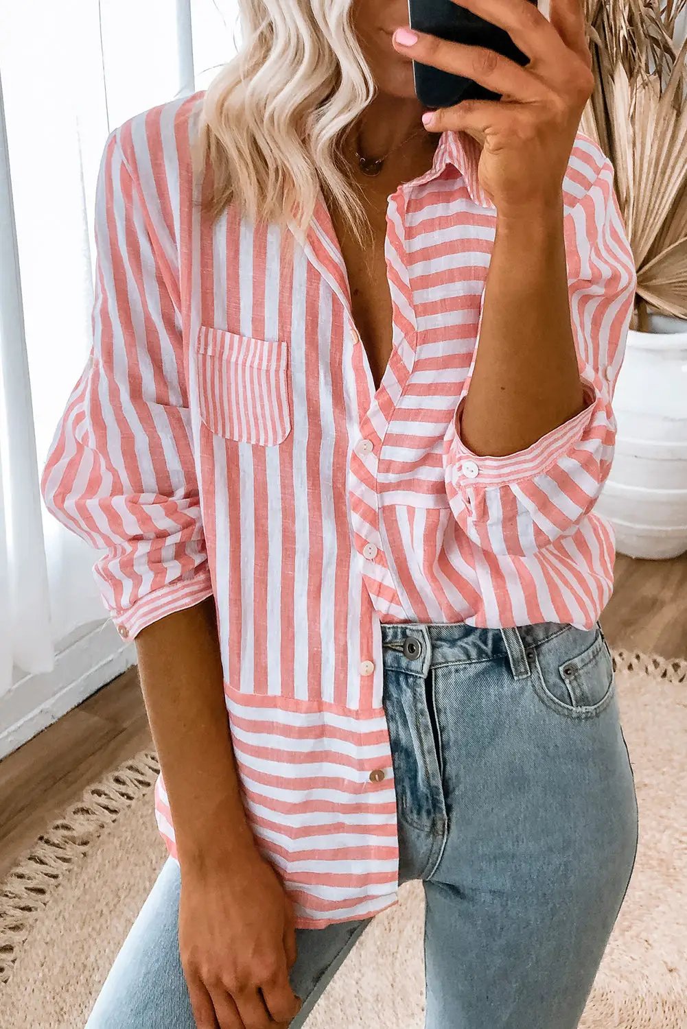 Grateful Threads Boutique Pink Stripe Buttoned Long Sleeve Casual Shirt - Shirts Pink Stripe Buttoned Long Sleeve Casual Shirt