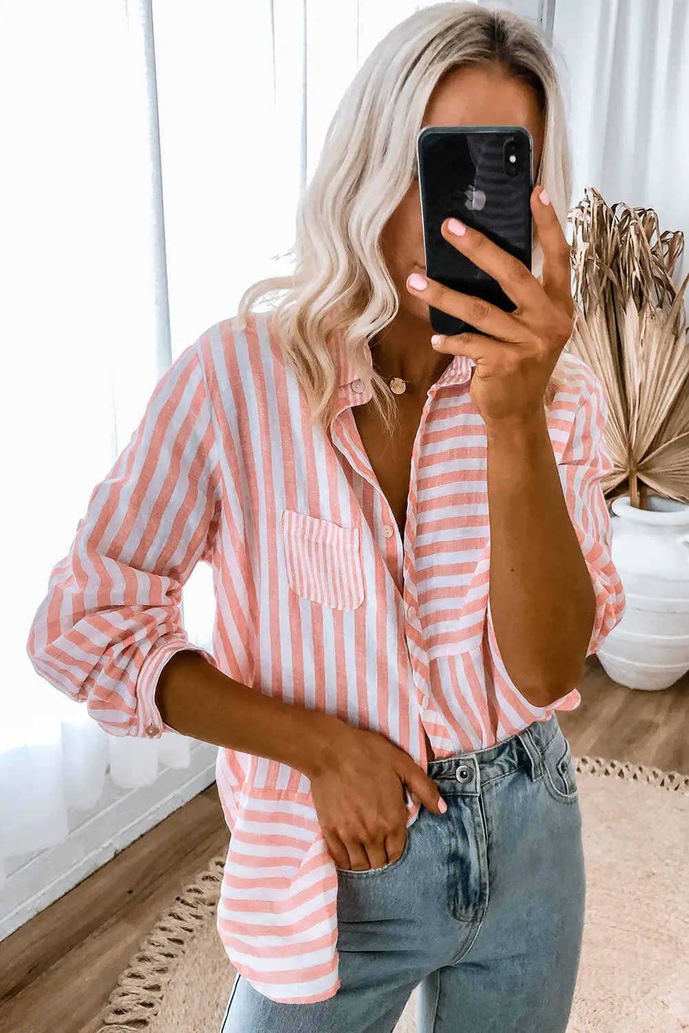 Grateful Threads Boutique Pink Stripe Buttoned Long Sleeve Casual Shirt - Shirts Pink Stripe Buttoned Long Sleeve Casual Shirt