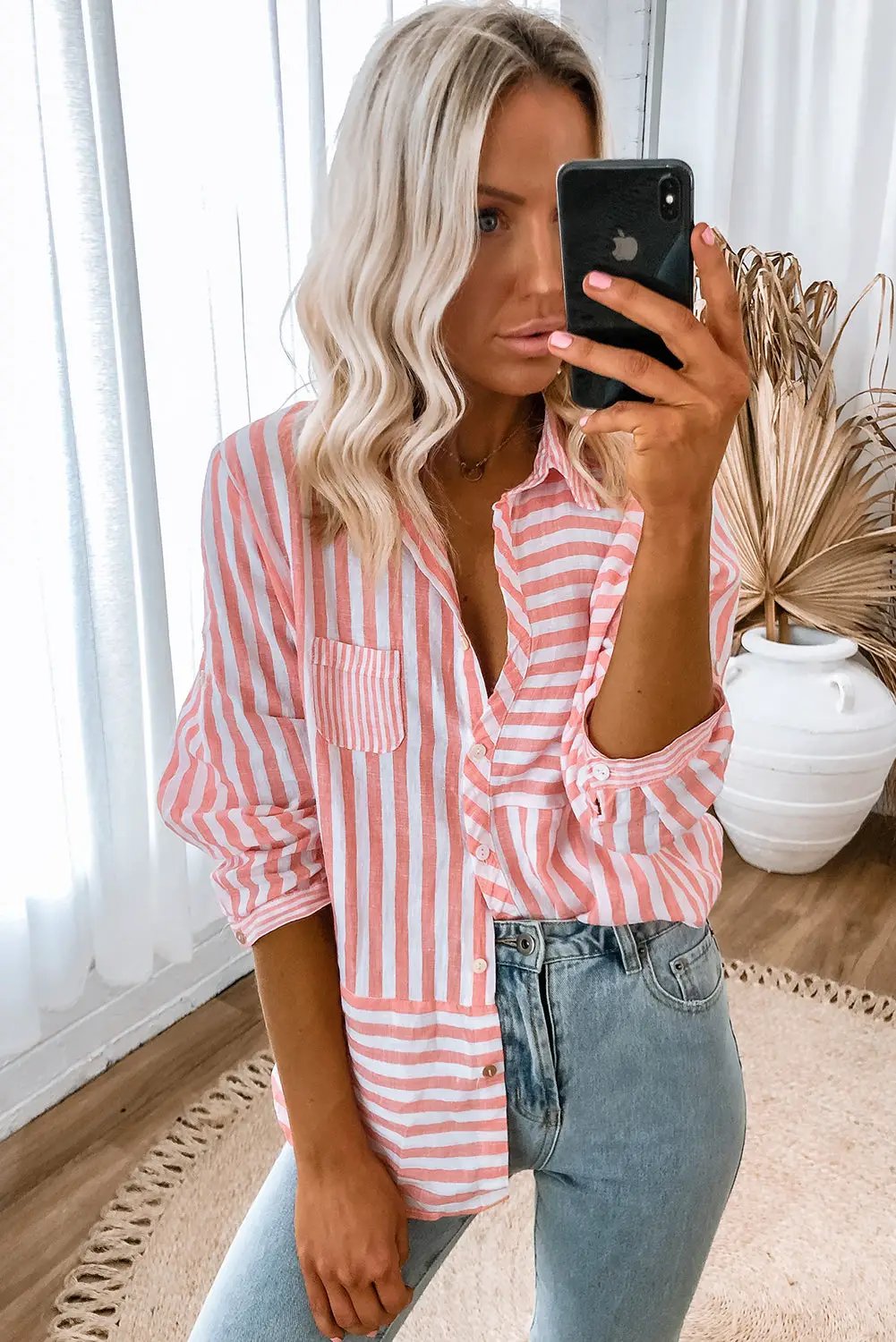 Grateful Threads Boutique Pink Stripe Buttoned Long Sleeve Casual Shirt - Shirts Pink Stripe Buttoned Long Sleeve Casual Shirt