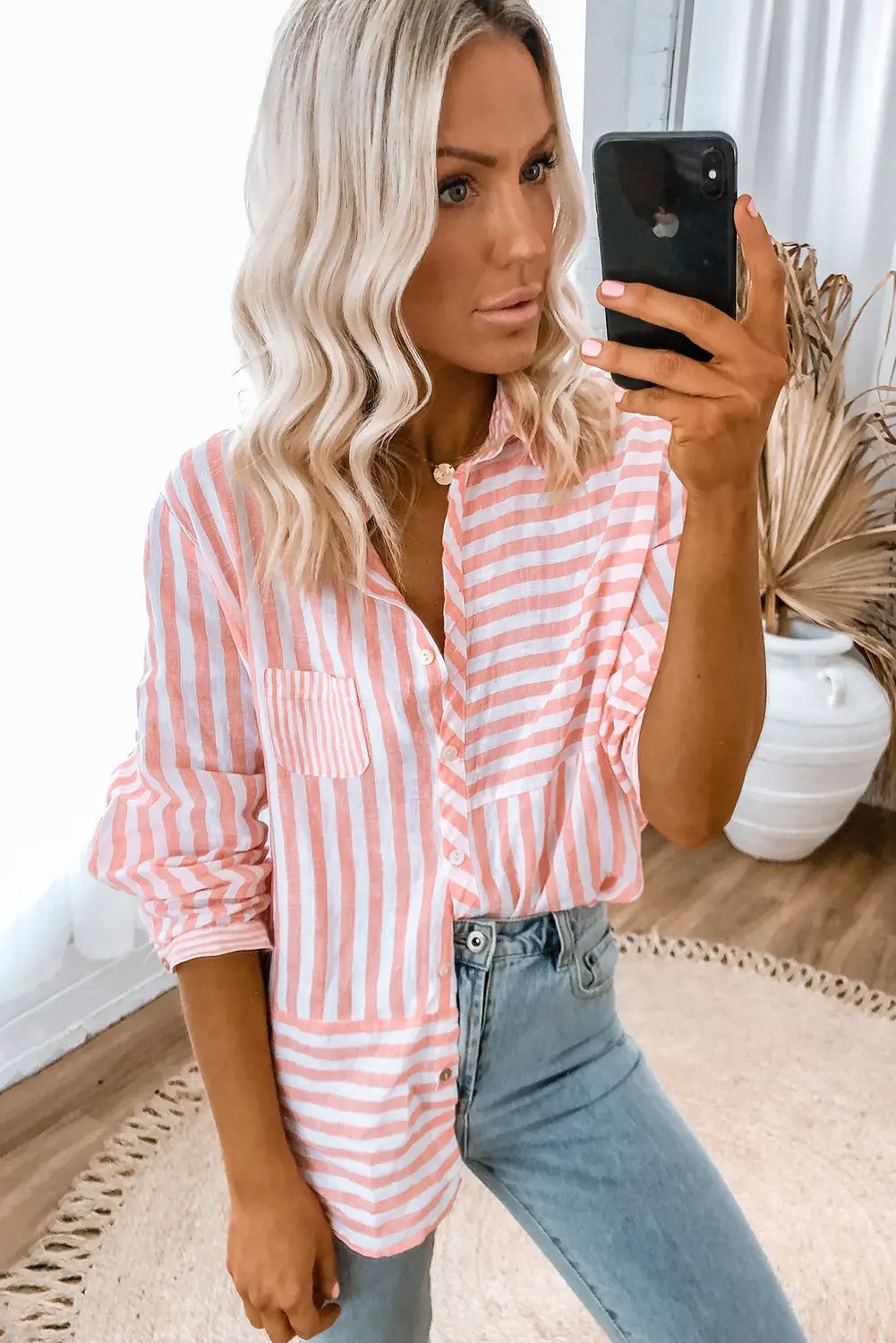 Grateful Threads Boutique Pink Stripe Buttoned Long Sleeve Casual Shirt - Shirts Pink Stripe Buttoned Long Sleeve Casual Shirt