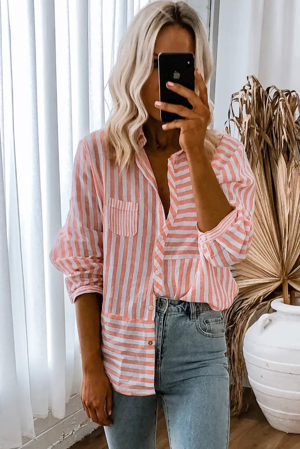 Grateful Threads Boutique Pink Stripe Buttoned Long Sleeve Casual Shirt - Shirts Pink Stripe Buttoned Long Sleeve Casual Shirt