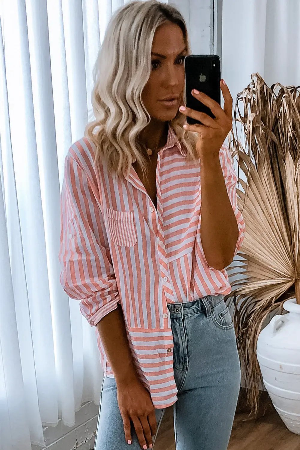 Grateful Threads Boutique Pink Stripe Buttoned Long Sleeve Casual Shirt - Shirts Pink Stripe Buttoned Long Sleeve Casual Shirt
