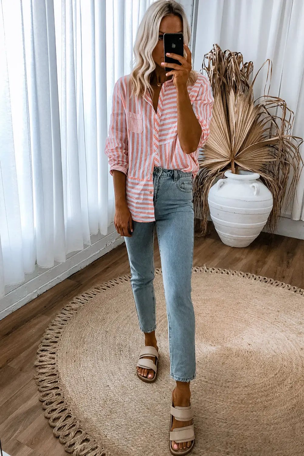 Grateful Threads Boutique Pink Stripe Buttoned Long Sleeve Casual Shirt - Shirts Pink Stripe Buttoned Long Sleeve Casual Shirt
