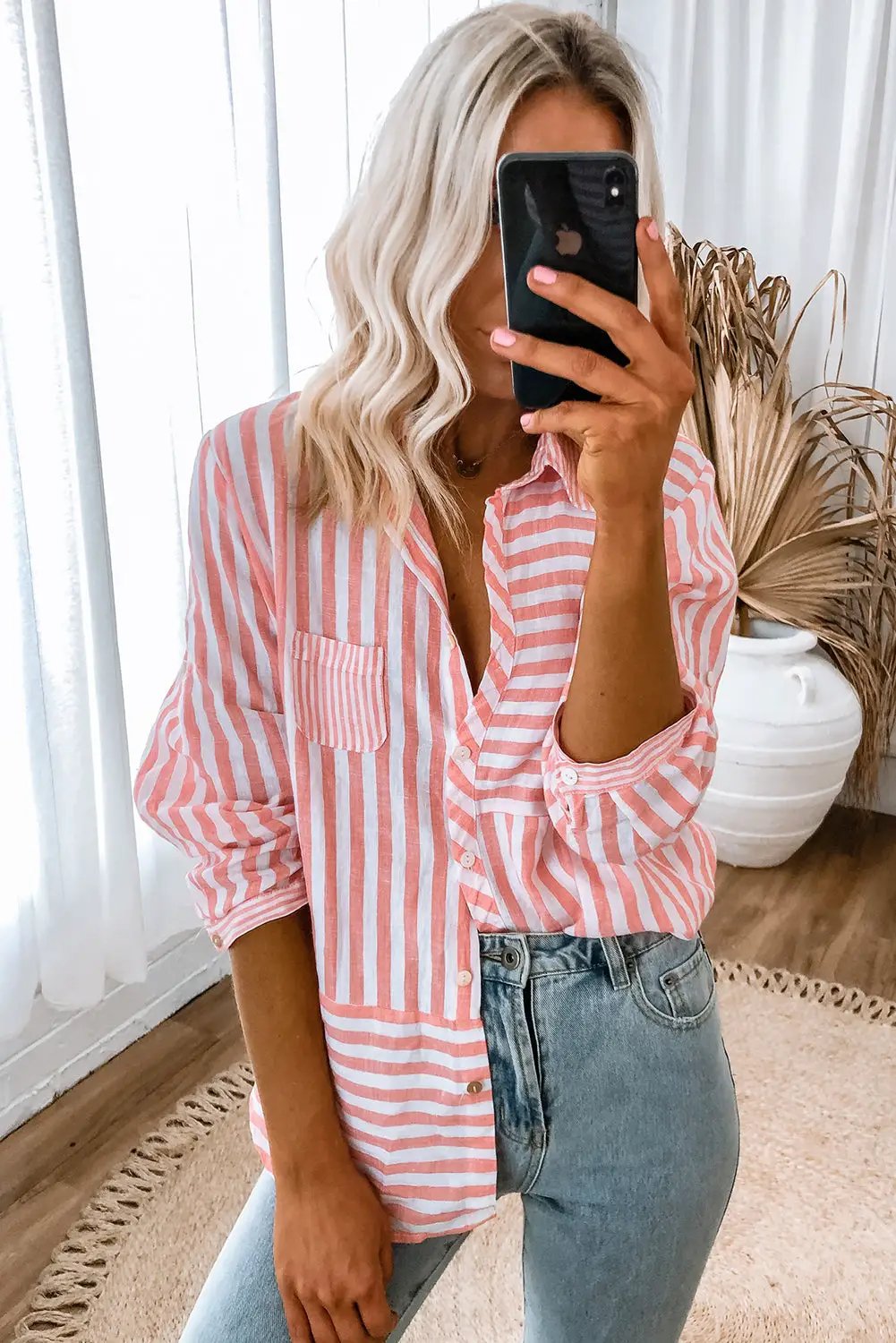Grateful Threads Boutique Pink Stripe Buttoned Long Sleeve Casual Shirt - Shirts Pink Stripe Buttoned Long Sleeve Casual Shirt