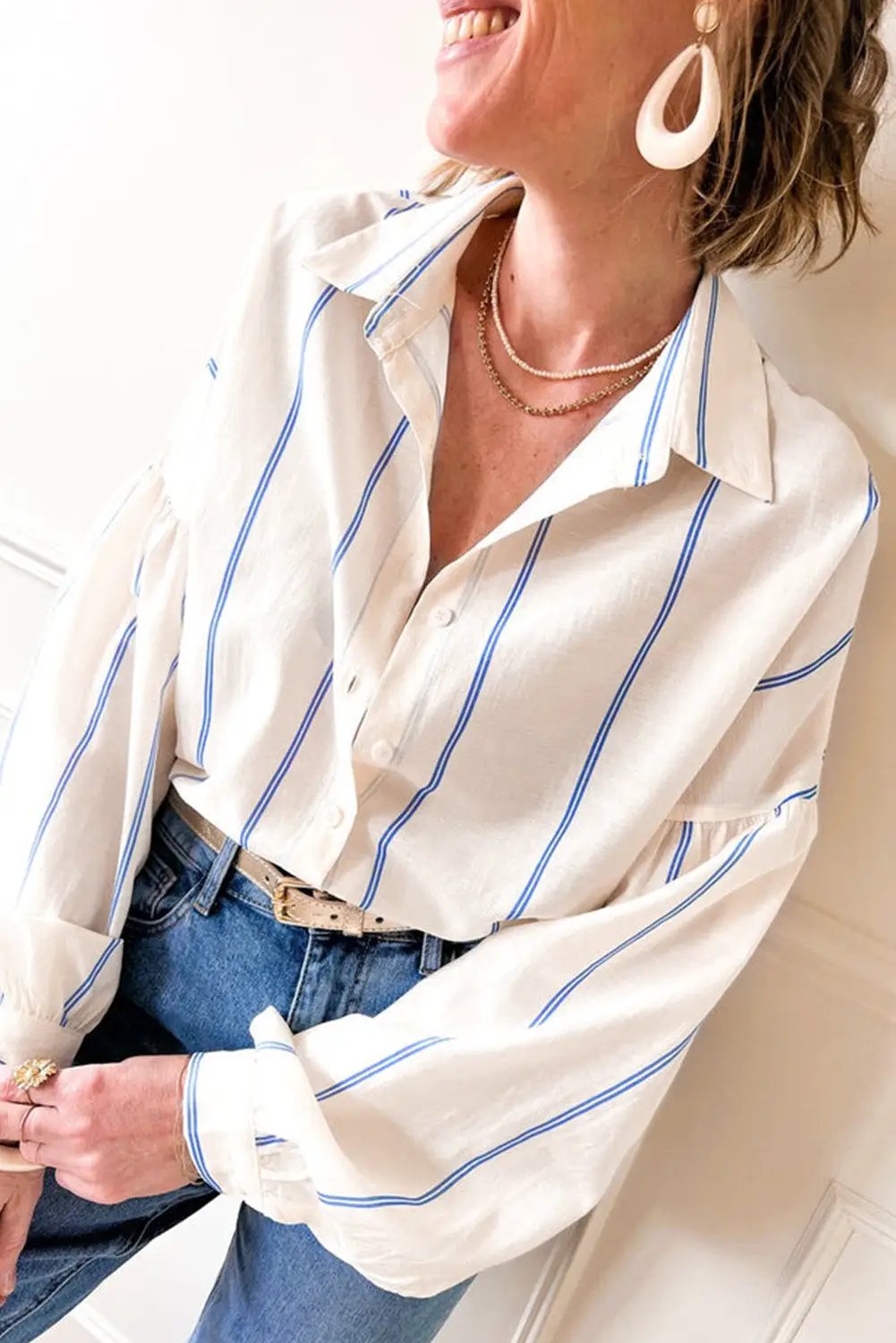 Grateful Threads Boutique Blue Stripe Drop Shoulder Bubble Loose Shirt - Shirts