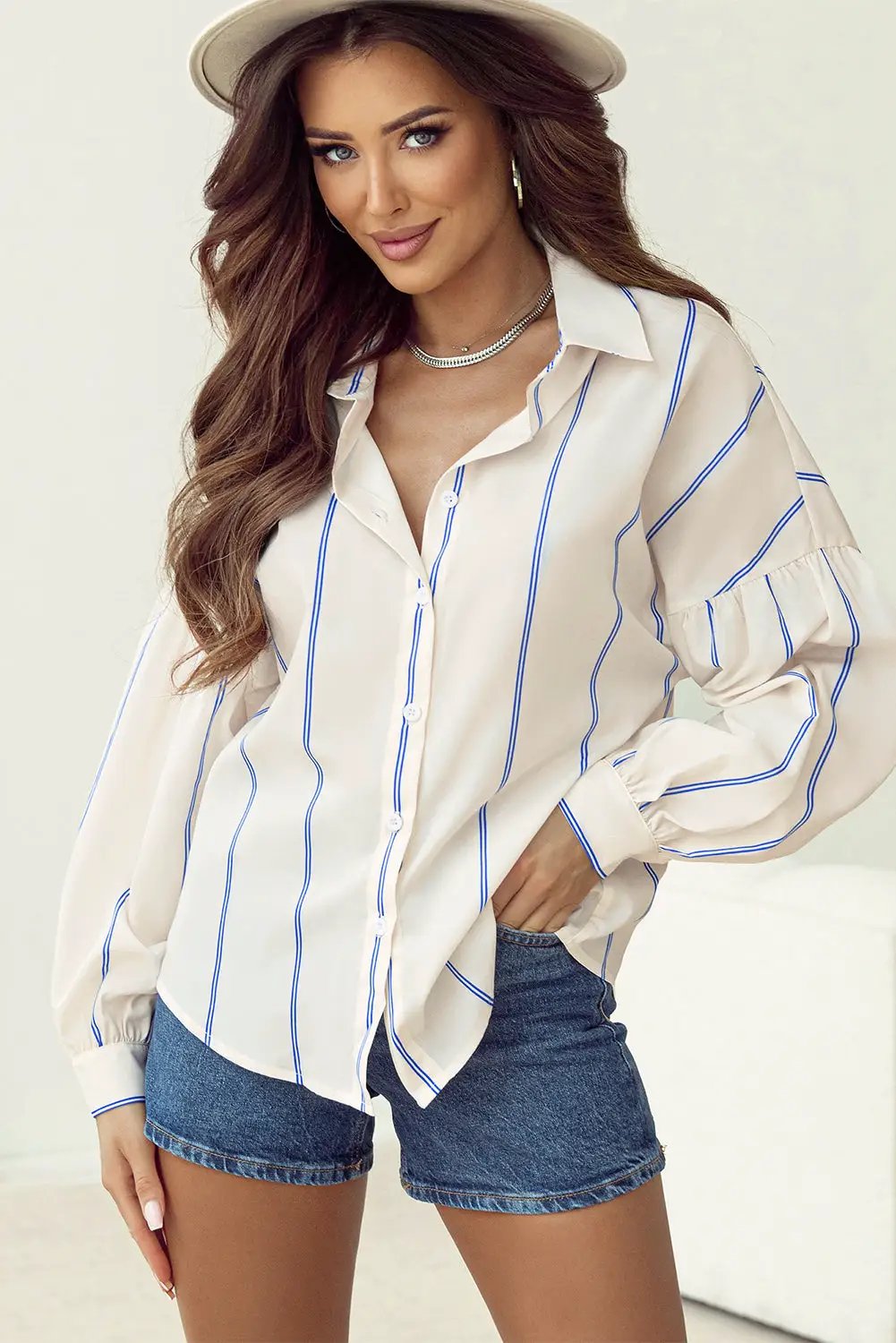Grateful Threads Boutique Blue Stripe Drop Shoulder Bubble Loose Shirt - Shirts