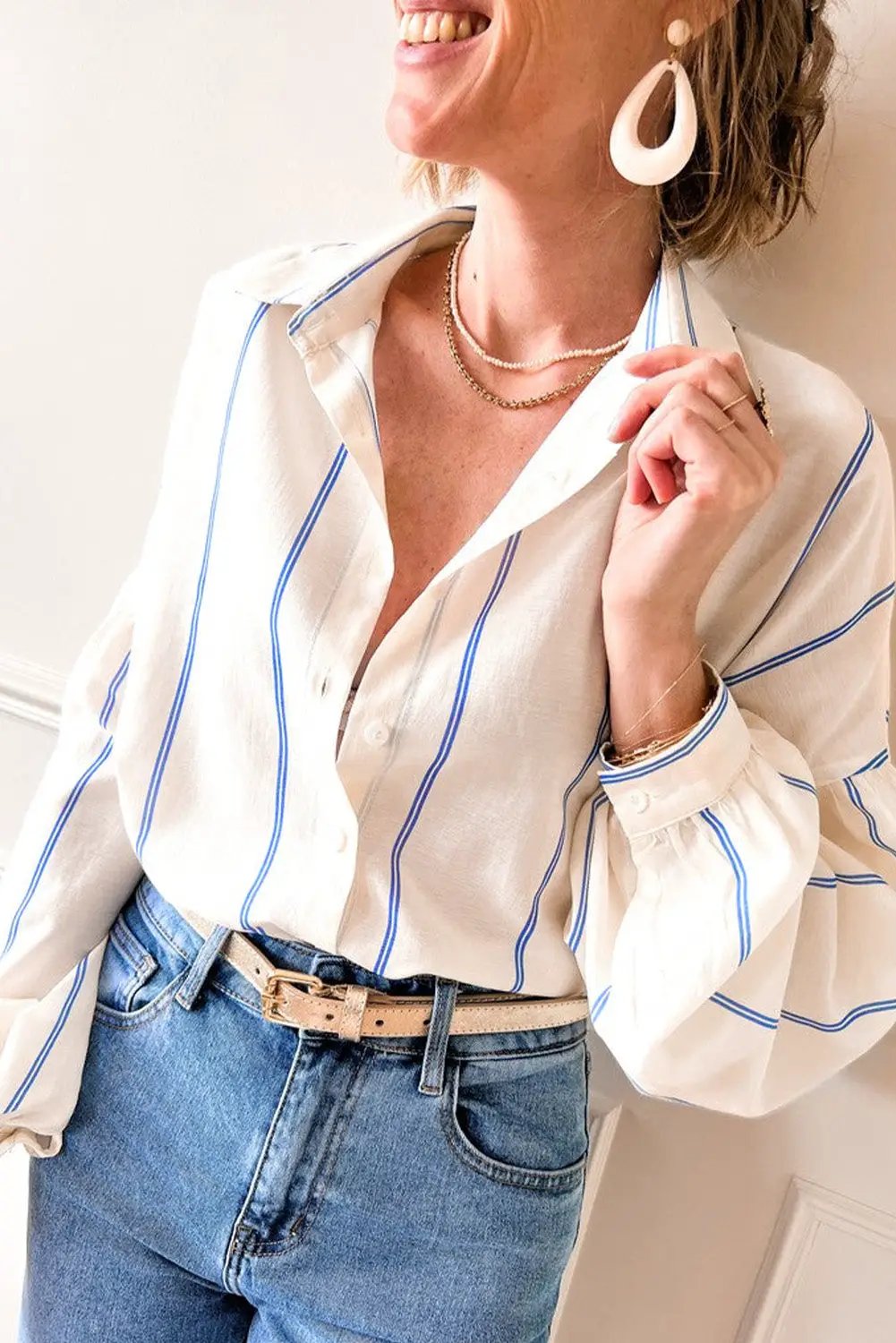 Grateful Threads Boutique Blue Stripe Drop Shoulder Bubble Loose Shirt - Shirts
