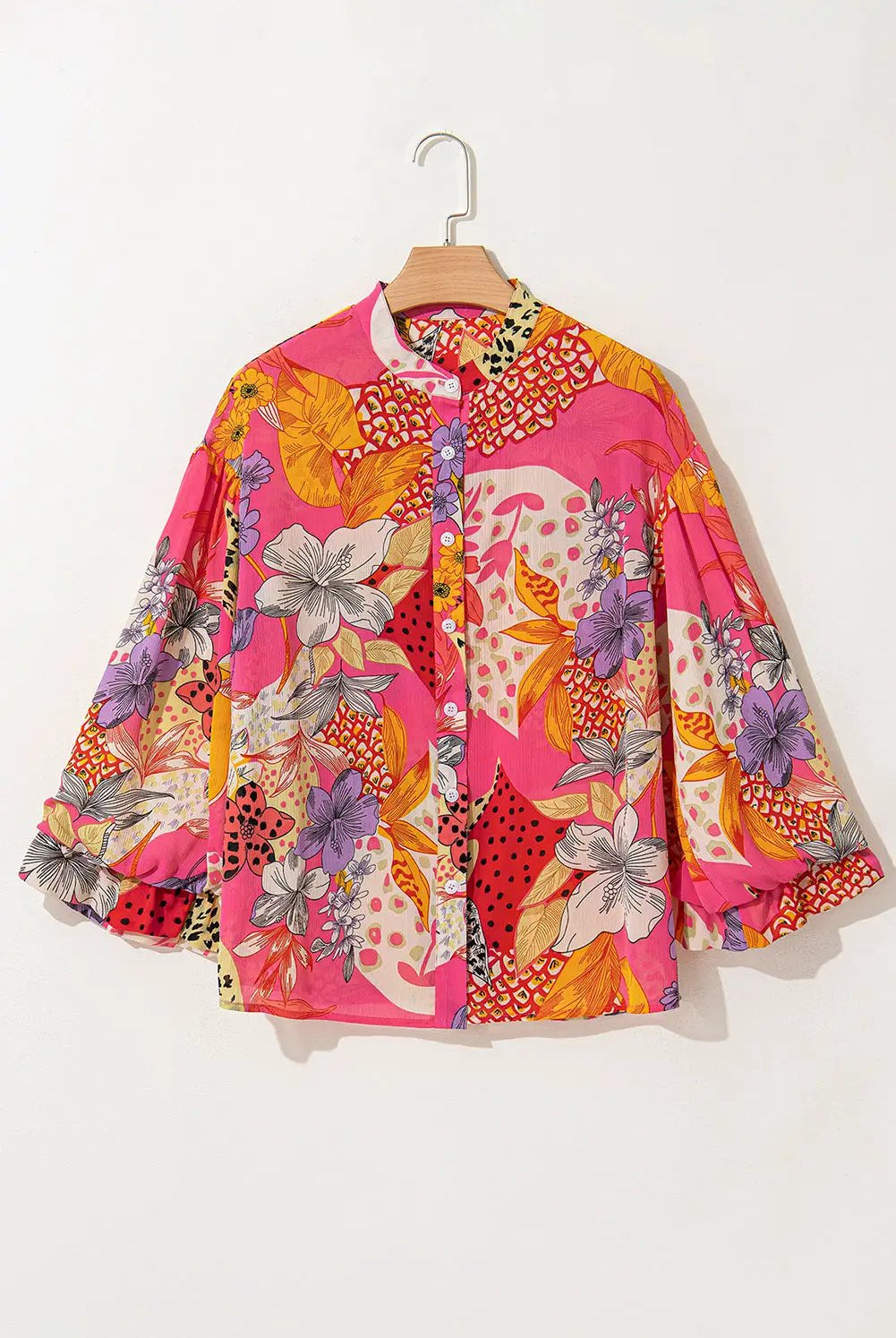 Grateful Threads Boutique Red Abstract Floral Print Buttoned Ruffled Bubble Sleeve Shirt - Shirts Red Abstract Floral Print Buttoned Ruffled Bubble Sleeve Shirt