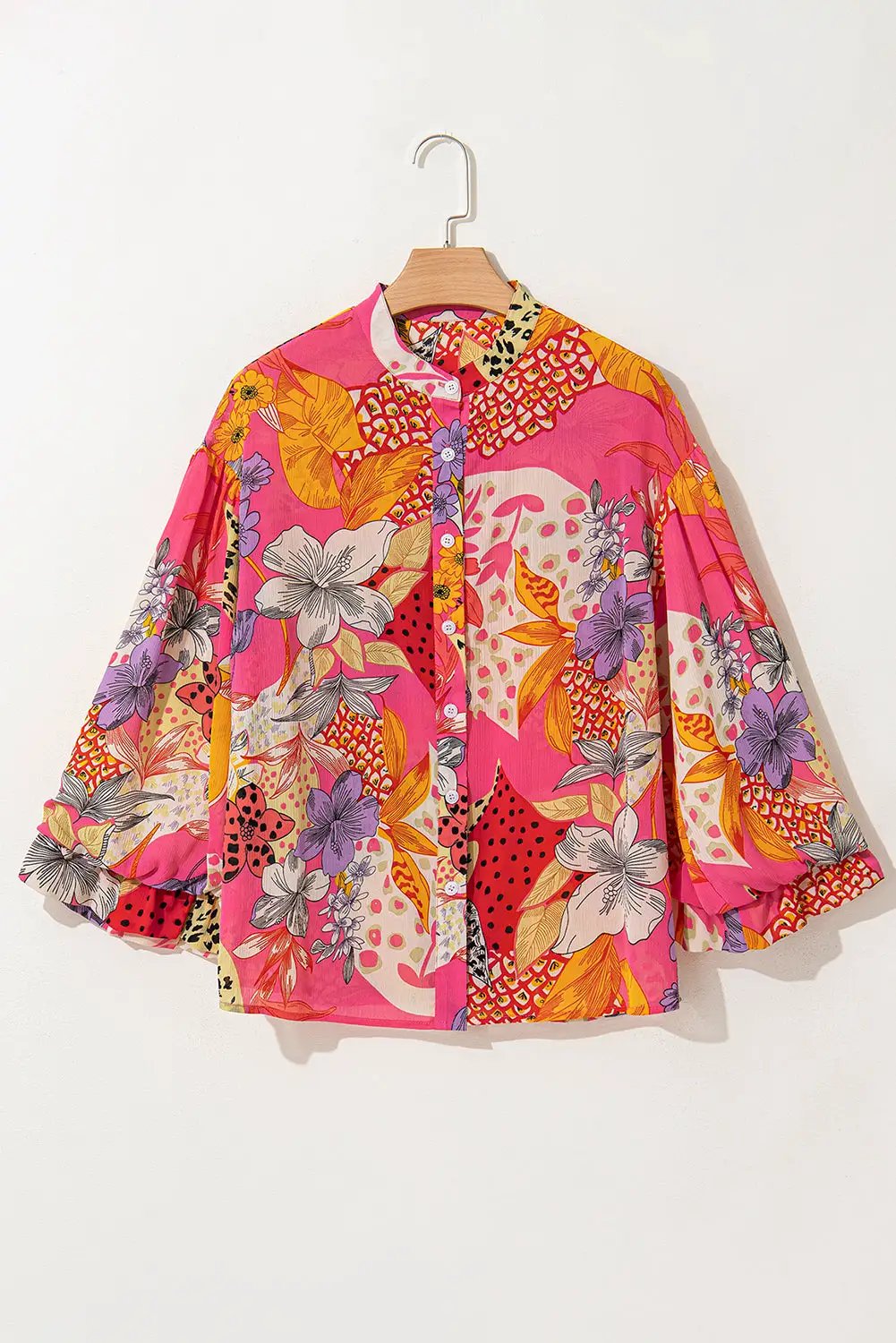 Grateful Threads Boutique Red Abstract Floral Print Buttoned Ruffled Bubble Sleeve Shirt - Shirts Red Abstract Floral Print Buttoned Ruffled Bubble Sleeve Shirt