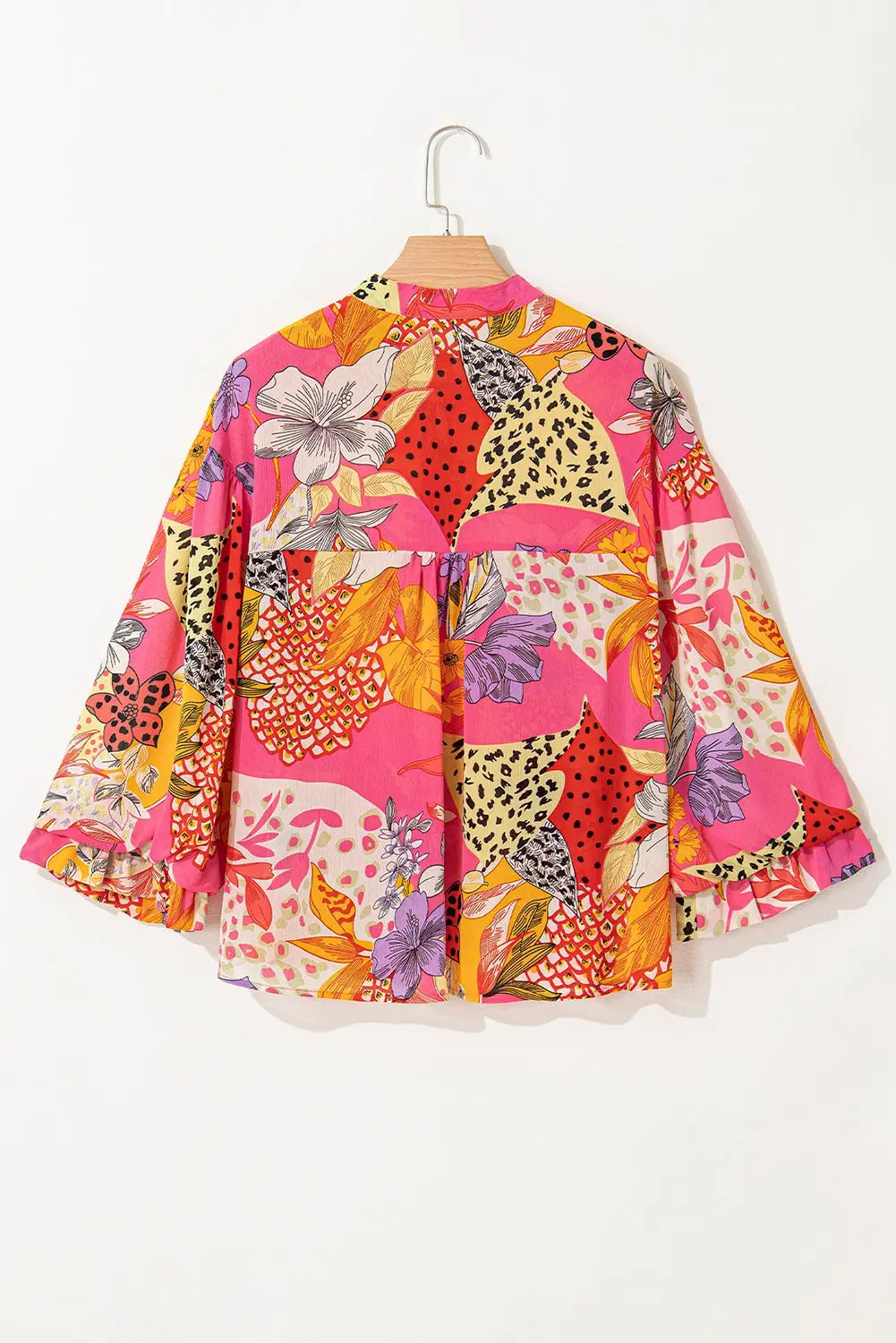 Grateful Threads Boutique Red Abstract Floral Print Buttoned Ruffled Bubble Sleeve Shirt - Shirts Red Abstract Floral Print Buttoned Ruffled Bubble Sleeve Shirt