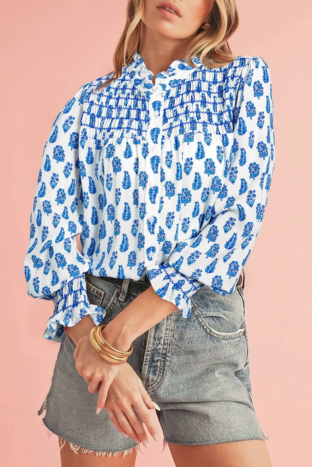 Grateful Threads Boutique Blue Boho Lantern Sleeve Shirt - Shirts