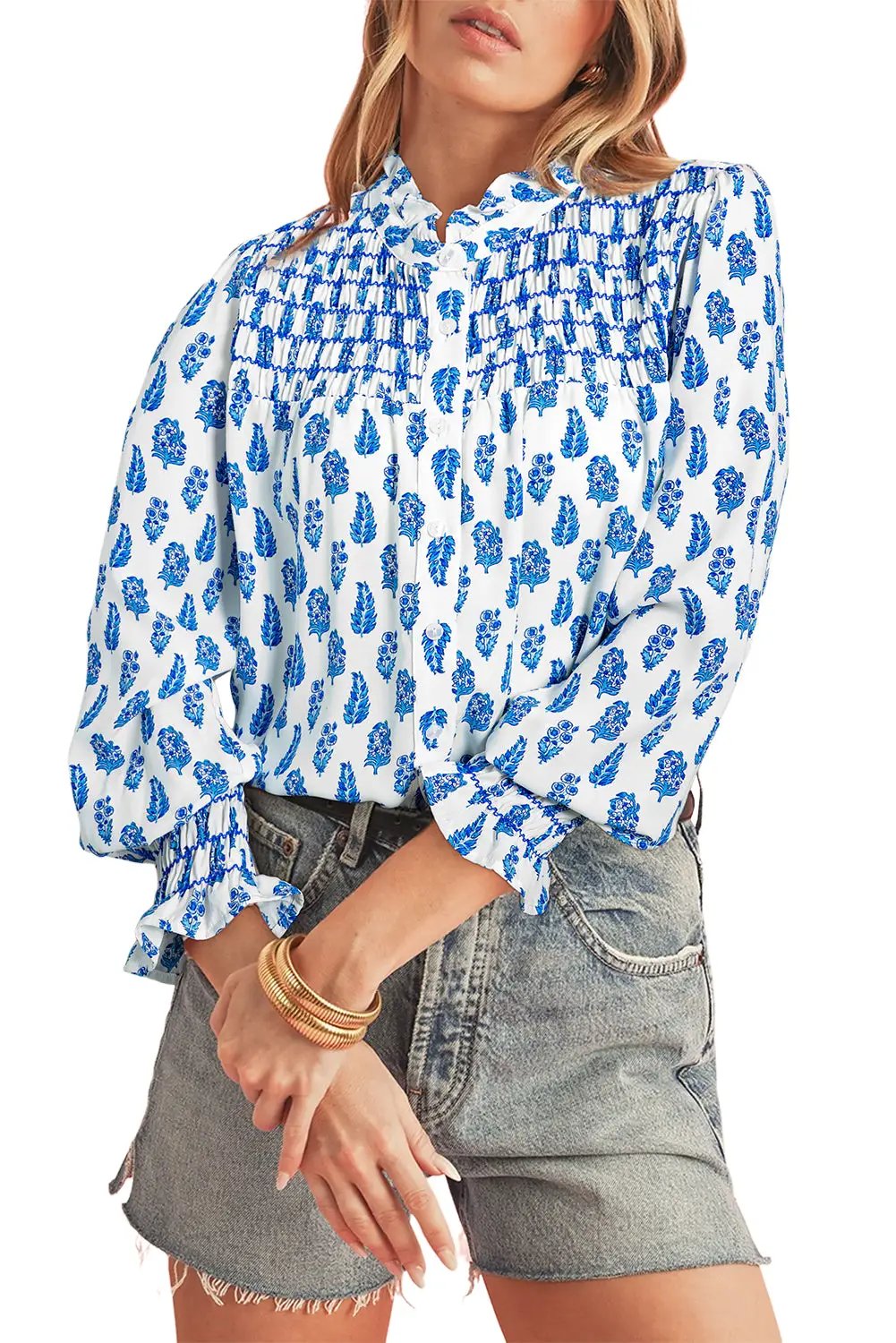 Grateful Threads Boutique Blue Boho Lantern Sleeve Shirt - Shirts