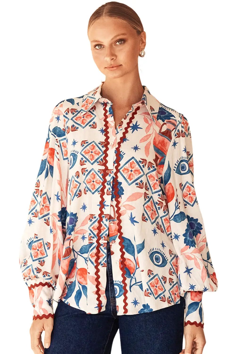 Grateful Threads Boutique Western Bishop Sleeve Button Up Shirt with Scalloped Trim - Blouses
