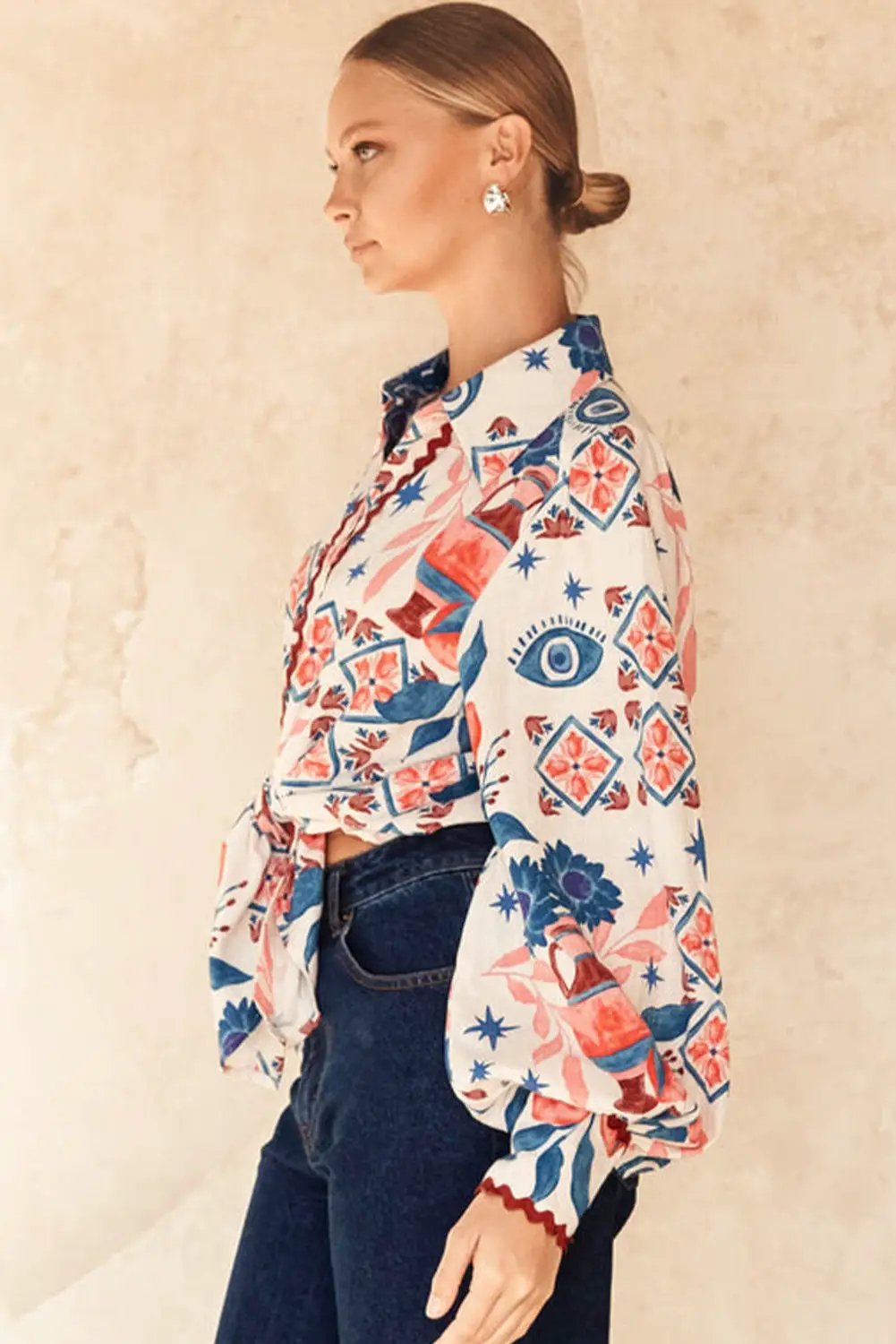 Grateful Threads Boutique Western Bishop Sleeve Button Up Shirt with Scalloped Trim - Blouses