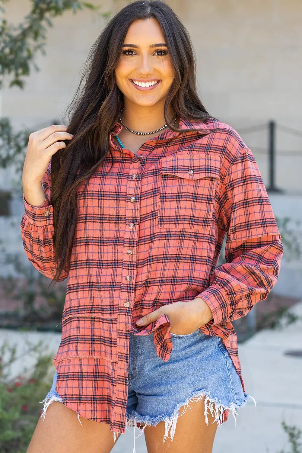 Grateful Threads Boutique Red Plaid Side Split Distressed Hem Button-Up Shirt - Shirts