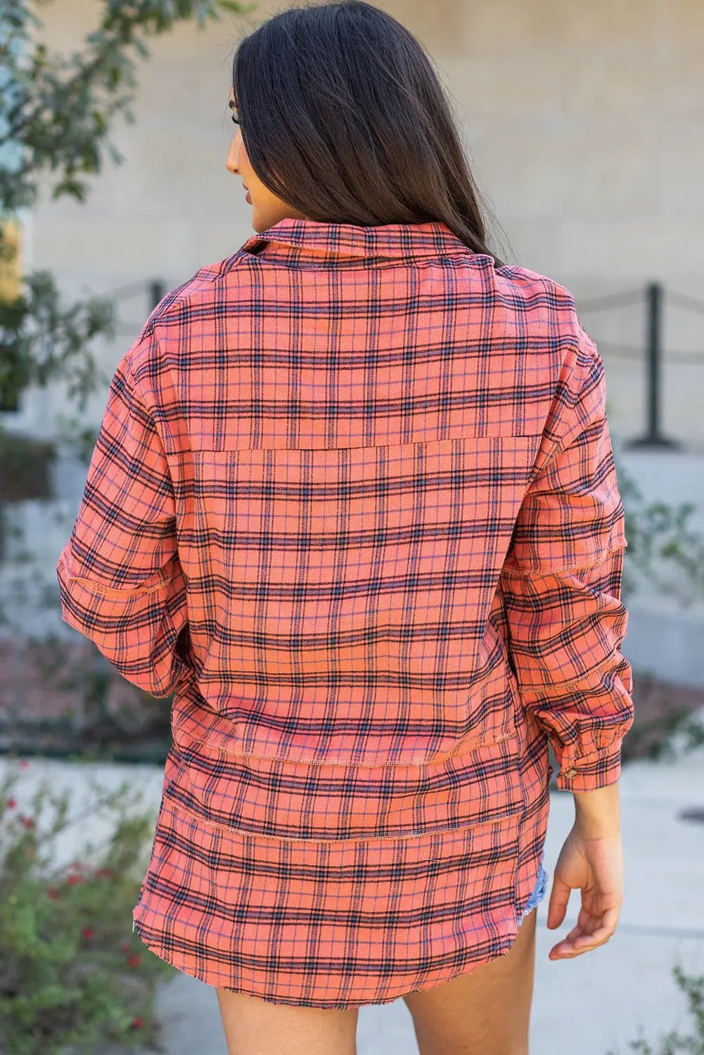 Grateful Threads Boutique Red Plaid Side Split Distressed Hem Button-Up Shirt - Shirts