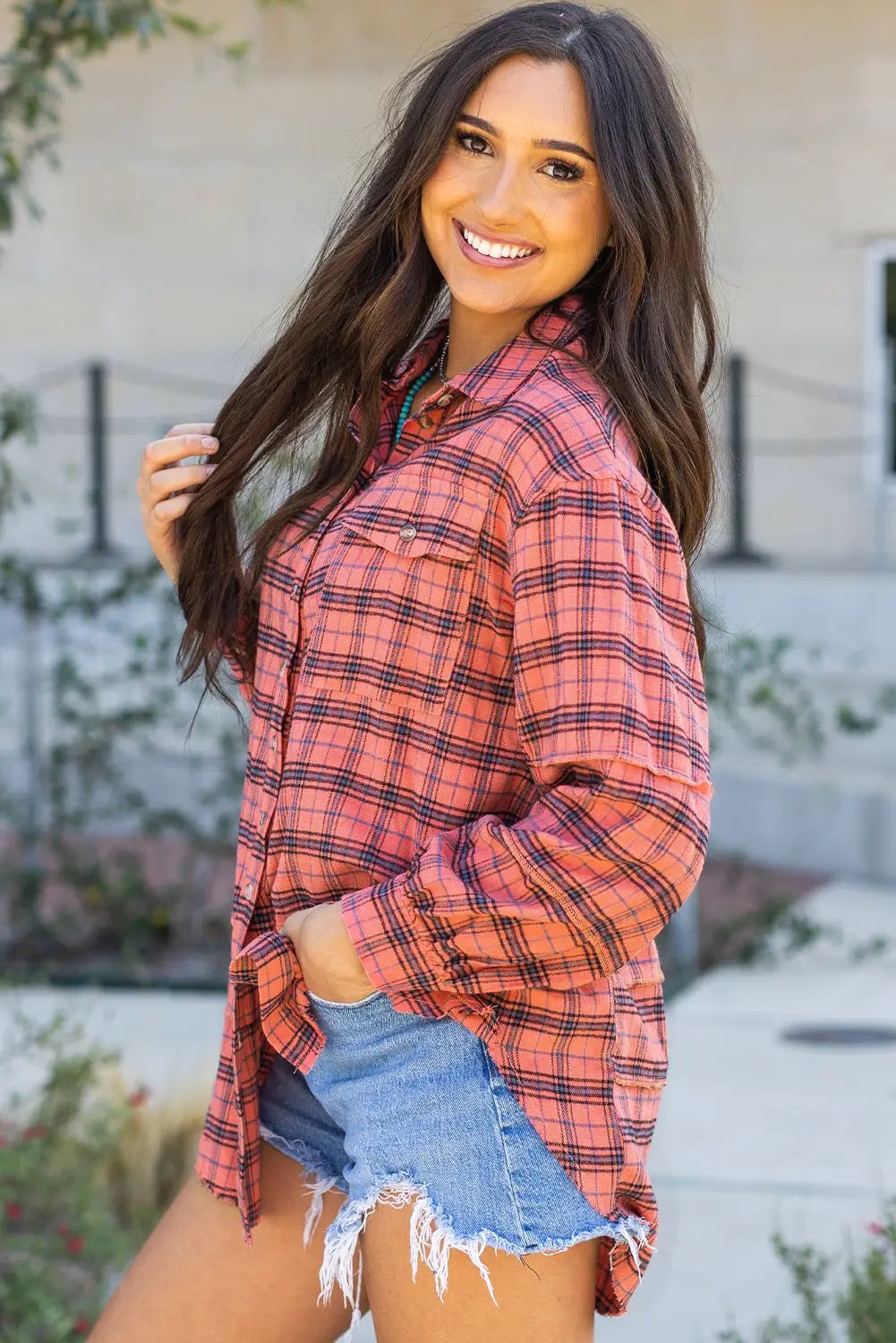 Grateful Threads Boutique Red Plaid Side Split Distressed Hem Button-Up Shirt - Shirts