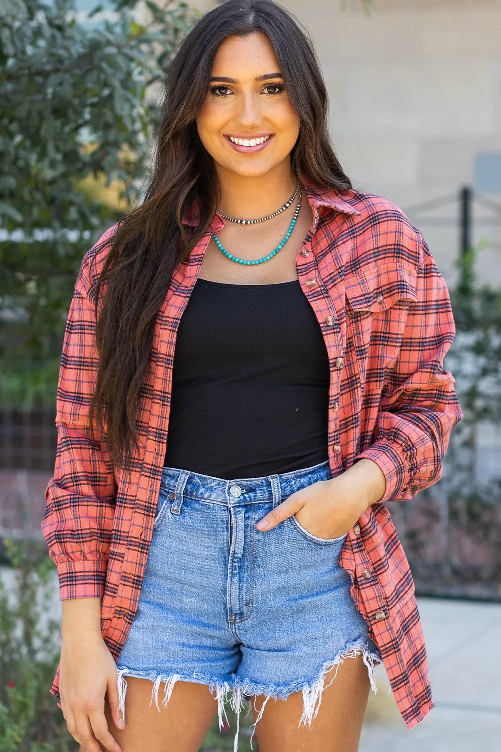 Grateful Threads Boutique Red Plaid Side Split Distressed Hem Button-Up Shirt - Shirts