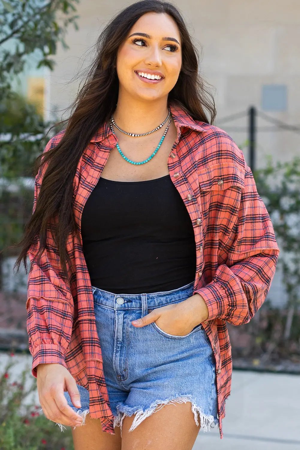 Grateful Threads Boutique Red Plaid Side Split Distressed Hem Button-Up Shirt - Shirts