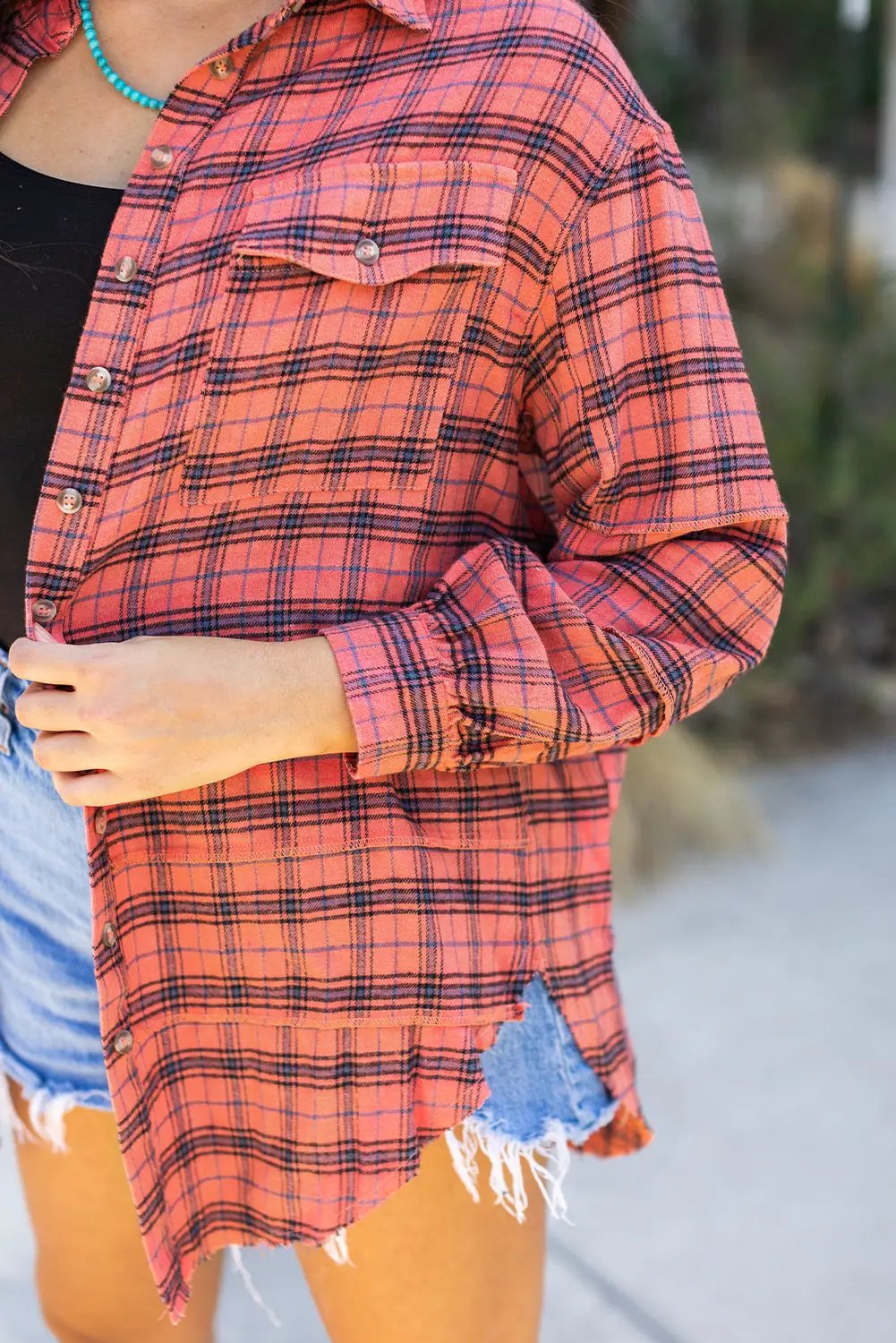 Grateful Threads Boutique Red Plaid Side Split Distressed Hem Button-Up Shirt - Shirts