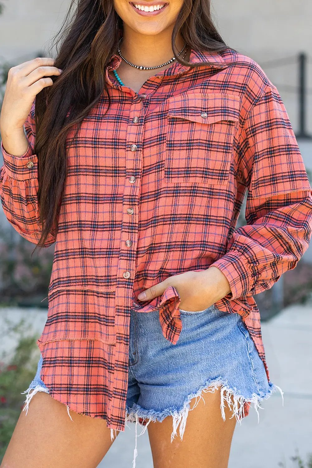 Grateful Threads Boutique Red Plaid Side Split Distressed Hem Button-Up Shirt - Shirts