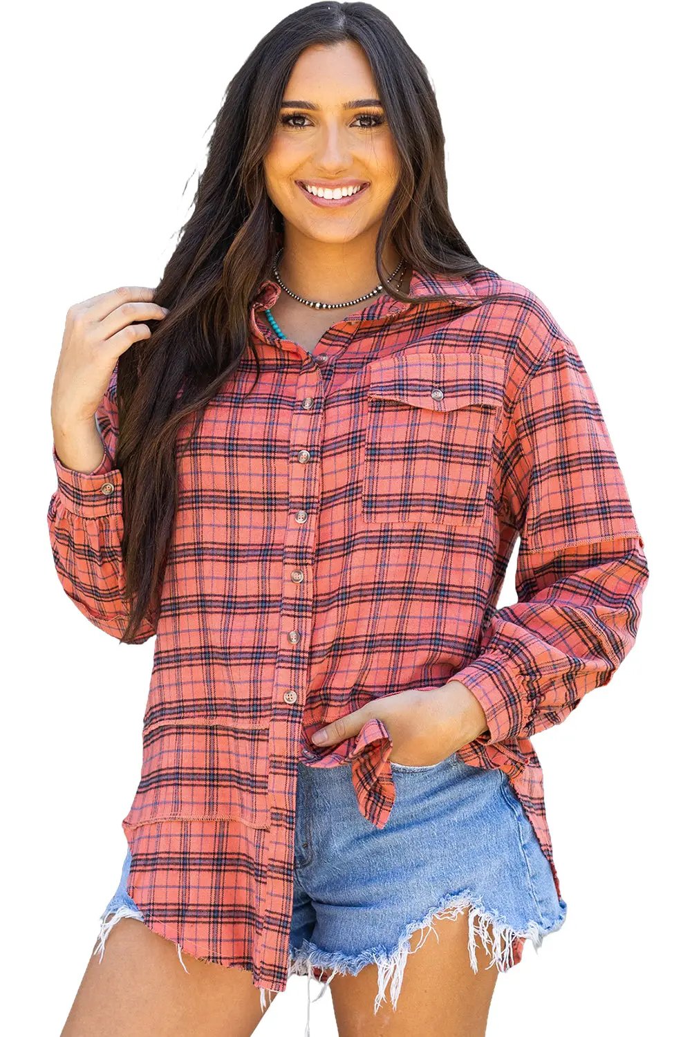 Grateful Threads Boutique Red Plaid Side Split Distressed Hem Button-Up Shirt - Shirts