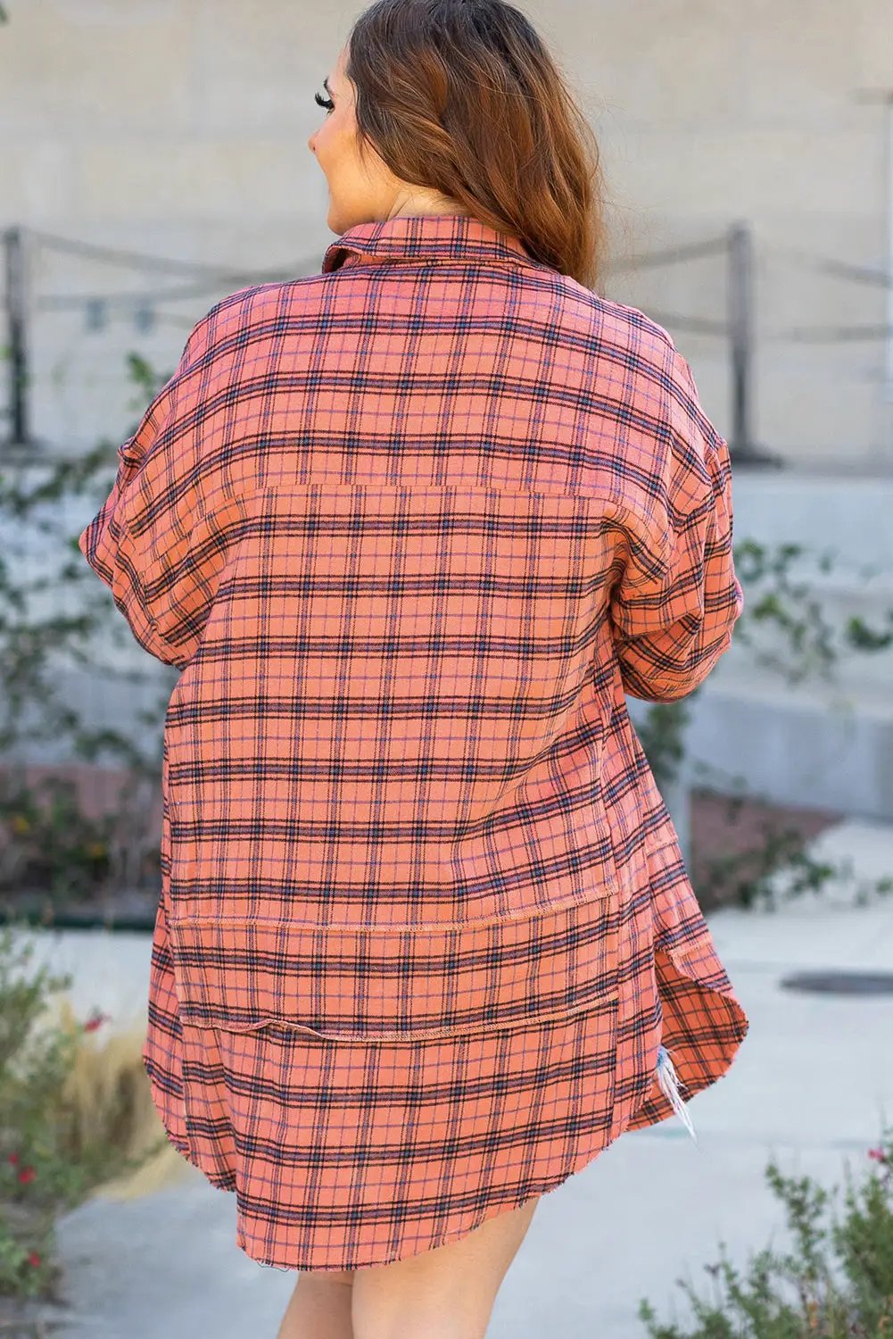 Grateful Threads Boutique Red Plaid Side Split Distressed Hem Button-Up Shirt - Shirts