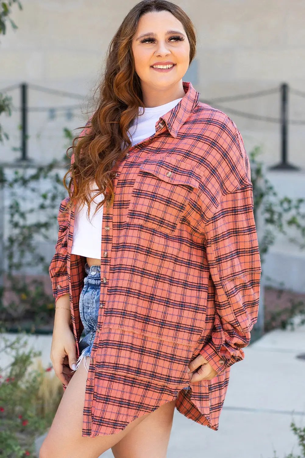 Grateful Threads Boutique Red Plaid Side Split Distressed Hem Button-Up Shirt - Shirts