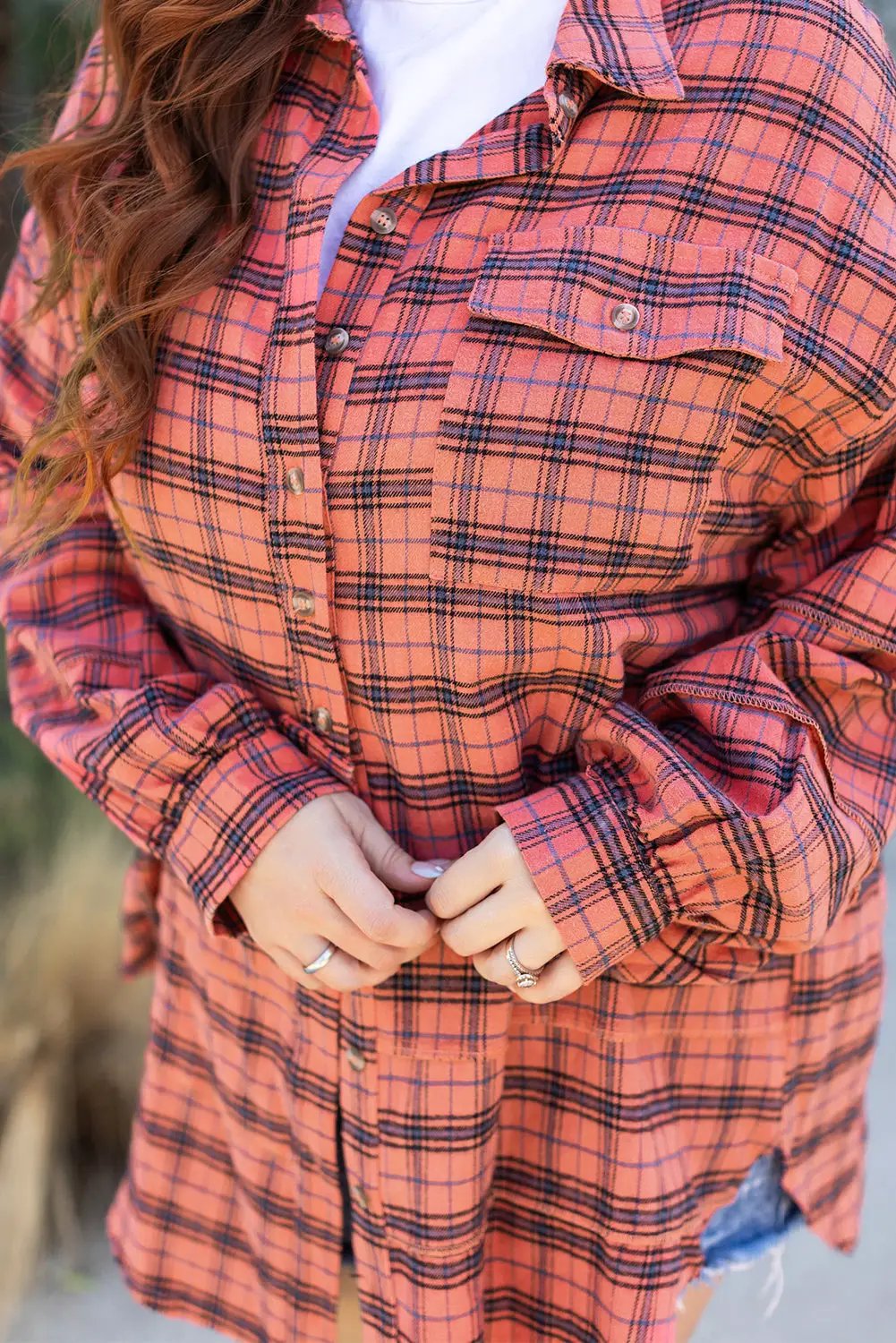 Grateful Threads Boutique Red Plaid Side Split Distressed Hem Button-Up Shirt - Shirts