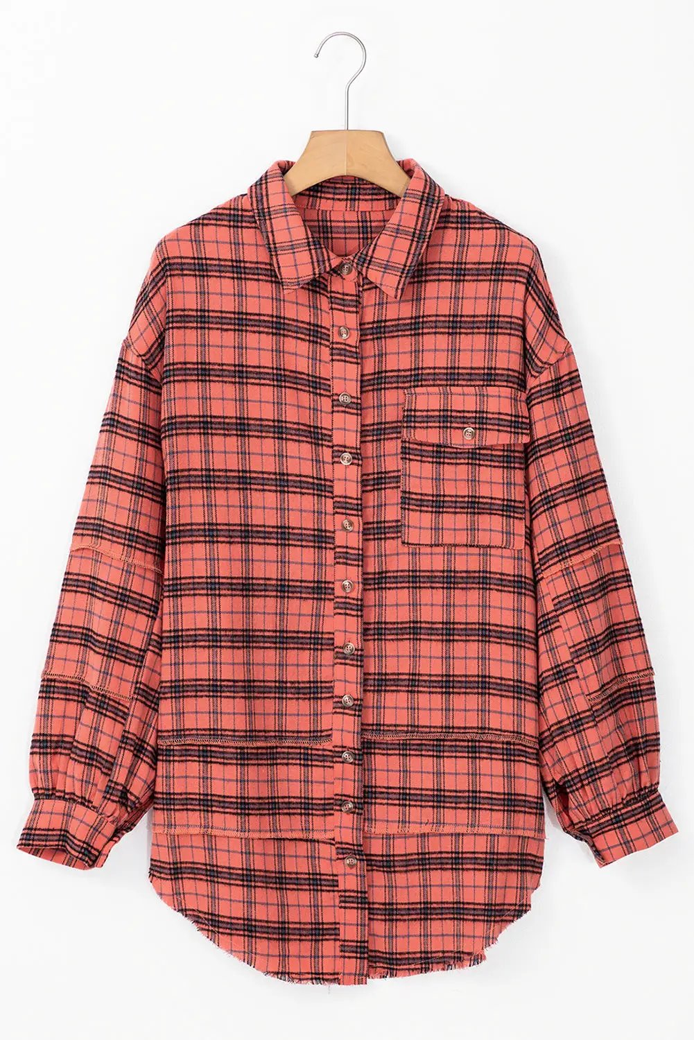 Grateful Threads Boutique Red Plaid Side Split Distressed Hem Button-Up Shirt - Shirts