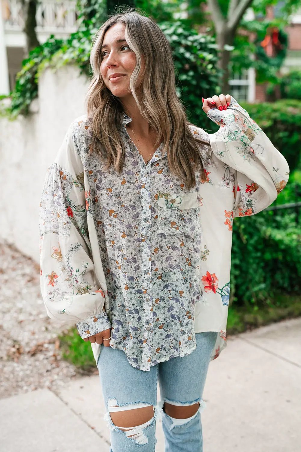 Grateful Threads Boutique Purple Boho Floral Bishop Sleeve Button Up Loose Shirt - Shirts Purple Boho Floral Bishop Sleeve Button Up Loose Shirt