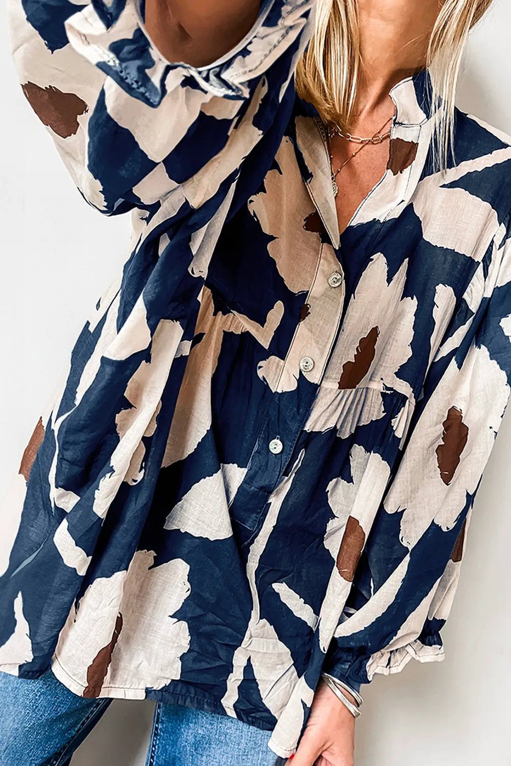 Grateful Threads Boutique Sail Blue Abstract Half Button Blouse - Blouses Abstract half button blouse
