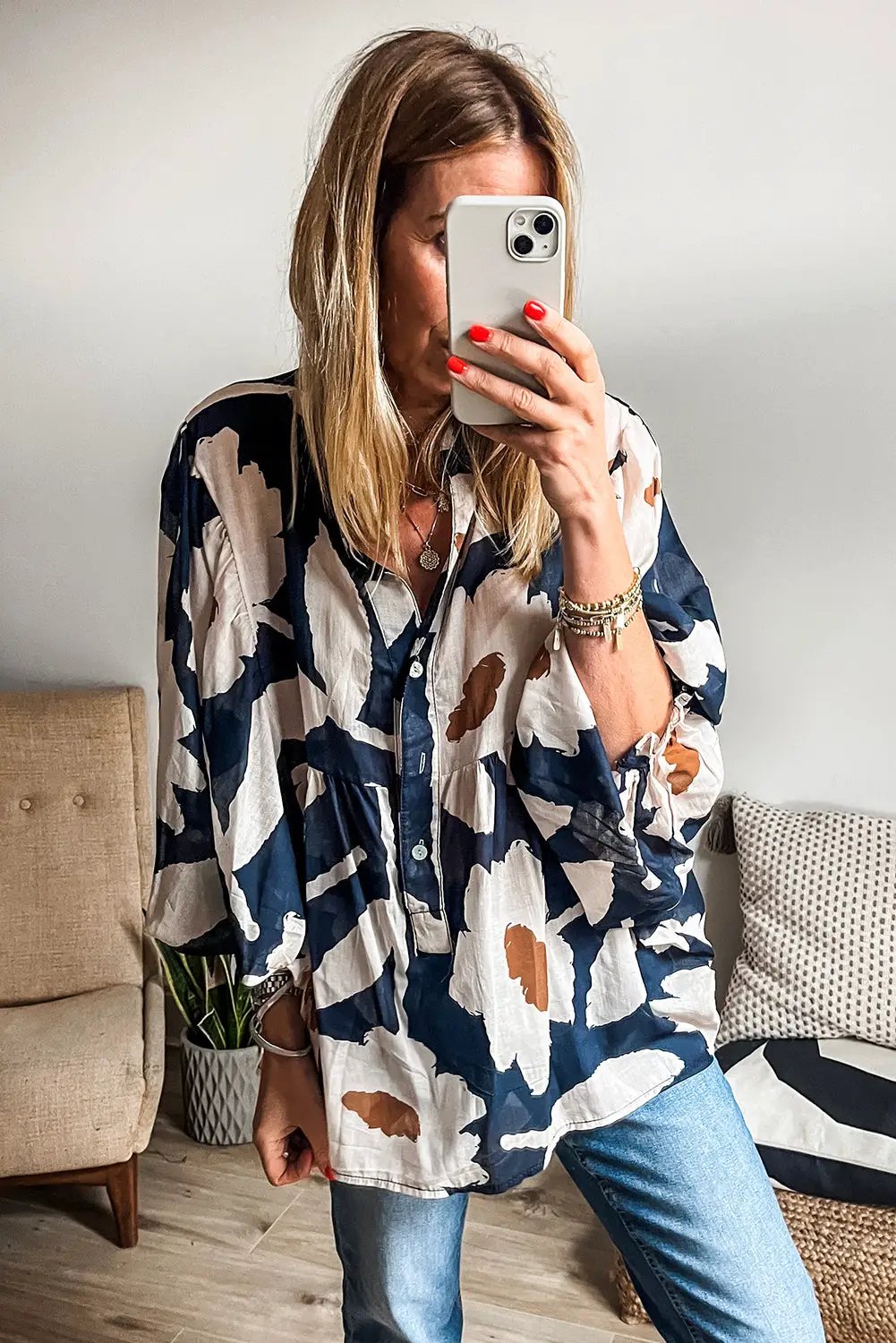 Grateful Threads Boutique Sail Blue Abstract Half Button Blouse - Blouses Abstract half button blouse