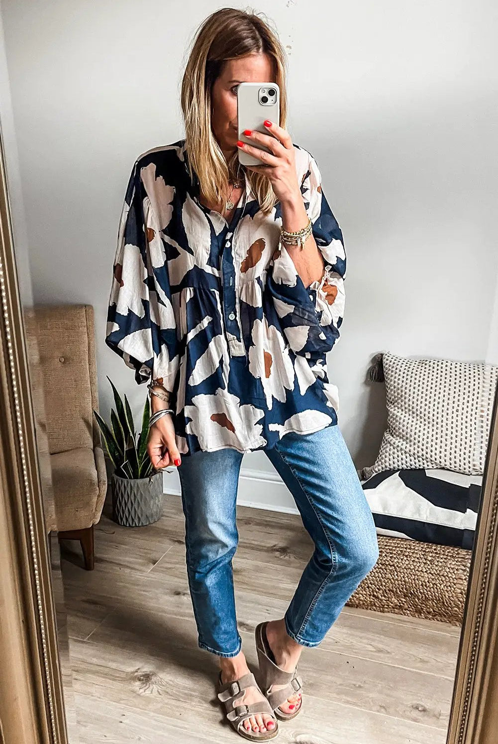 Grateful Threads Boutique Sail Blue Abstract Half Button Blouse - Blouses Abstract half button blouse