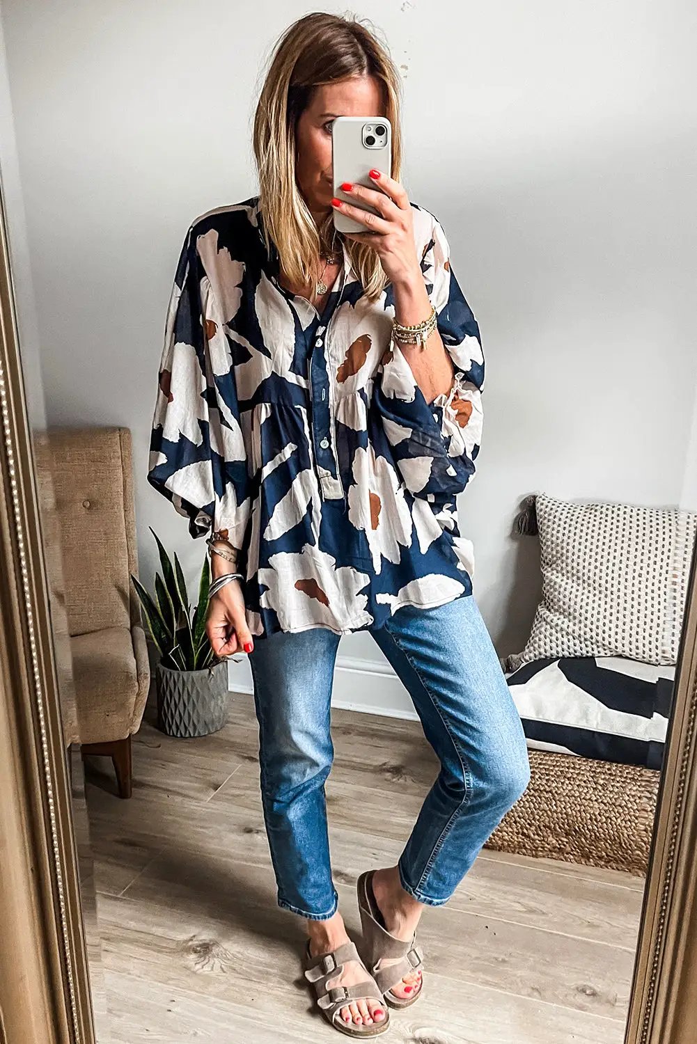 Grateful Threads Boutique Sail Blue Abstract Half Button Blouse - Blouses Abstract half button blouse