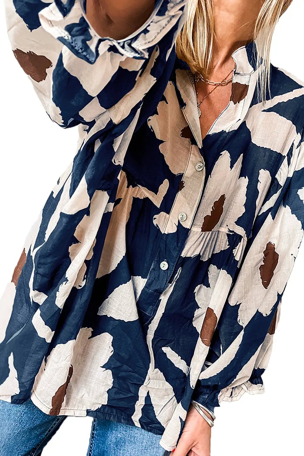 Grateful Threads Boutique Sail Blue Abstract Half Button Blouse - Blouses Abstract half button blouse