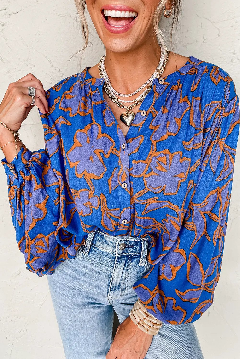 Grateful Threads Boutique Blue & Orange Floral Batwing Sleeve Button-Up Loose Fit Blouse - Blouses
