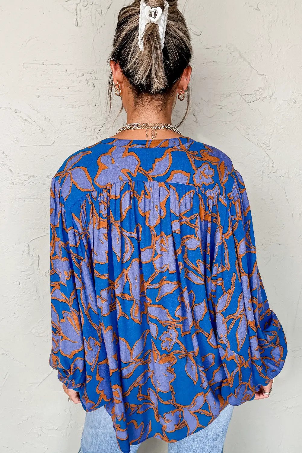 Grateful Threads Boutique Blue & Orange Floral Batwing Sleeve Button-Up Loose Fit Blouse - Blouses