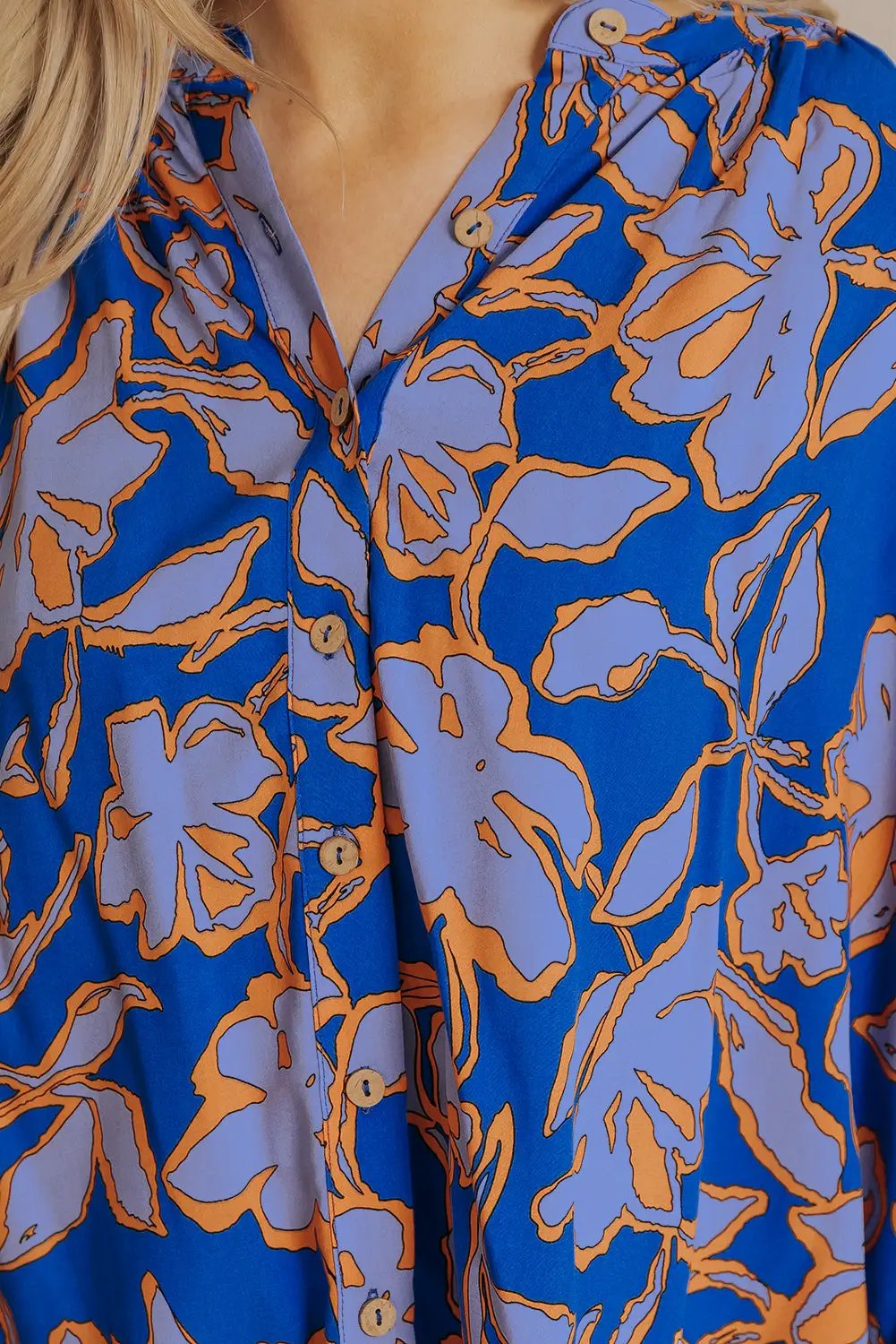 Grateful Threads Boutique Blue & Orange Floral Batwing Sleeve Button-Up Loose Fit Blouse - Blouses