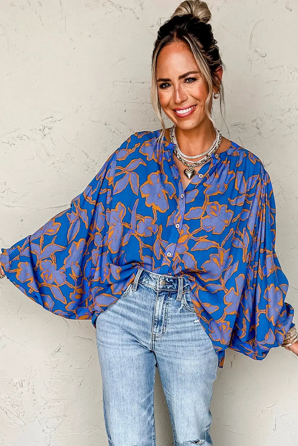 Grateful Threads Boutique Blue & Orange Floral Batwing Sleeve Button-Up Loose Fit Blouse - Blouses