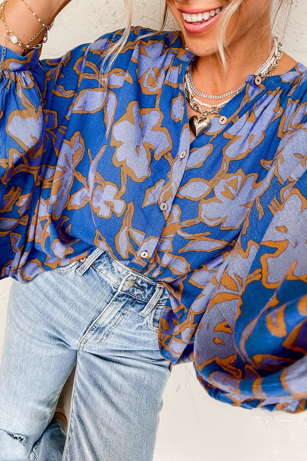 Grateful Threads Boutique Blue & Orange Floral Batwing Sleeve Button-Up Loose Fit Blouse - Blouses