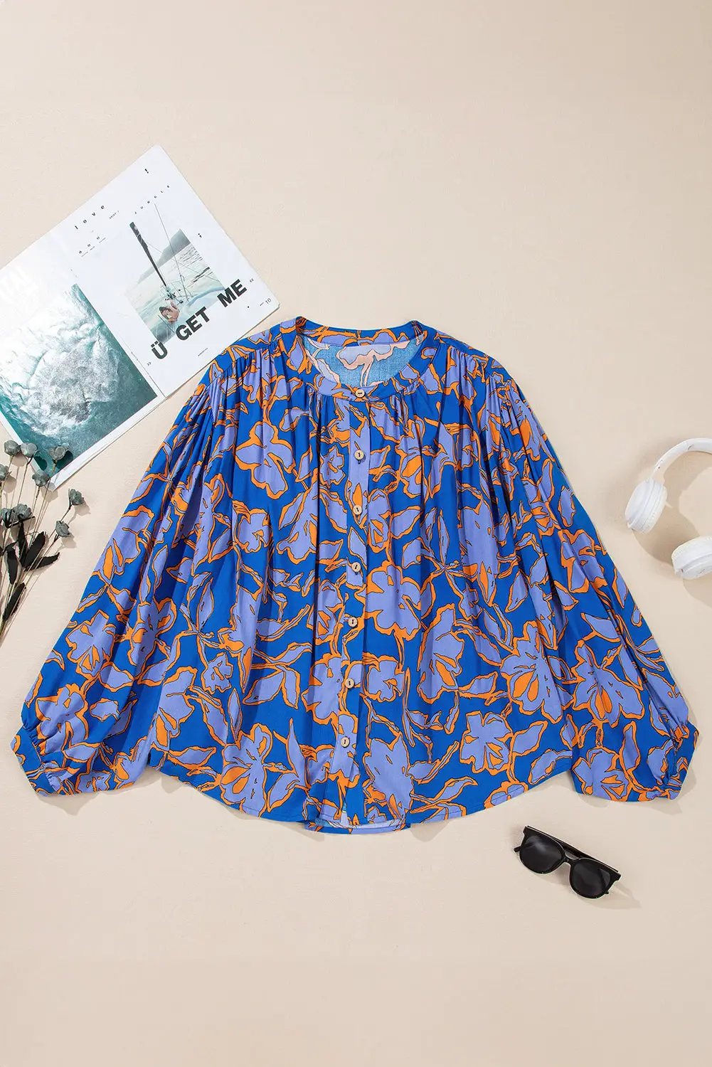 Grateful Threads Boutique Blue & Orange Floral Batwing Sleeve Button-Up Loose Fit Blouse - Blouses