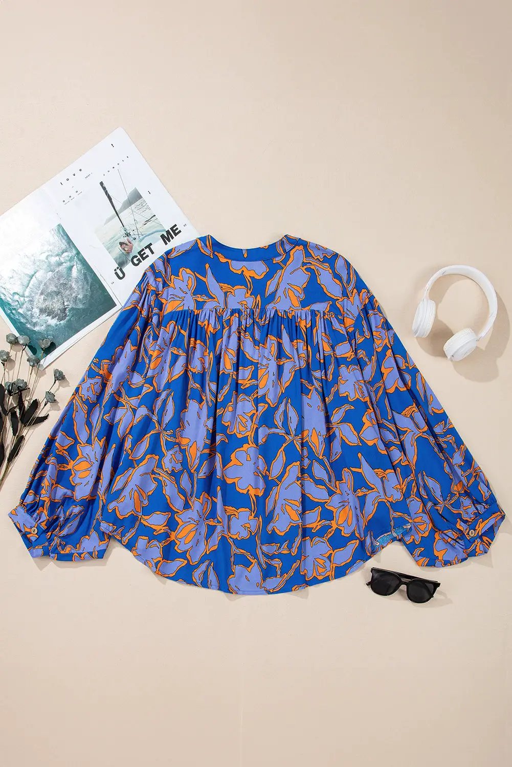 Grateful Threads Boutique Blue & Orange Floral Batwing Sleeve Button-Up Loose Fit Blouse - Blouses