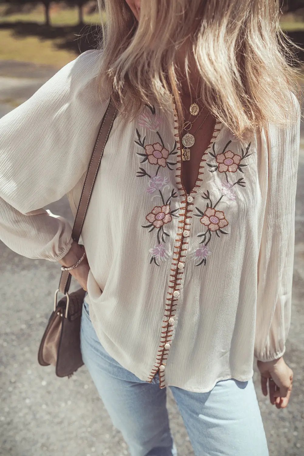 Grateful Threads Boutique Beige Floral Embroidered Puff Sleeve Shirt - Shirts