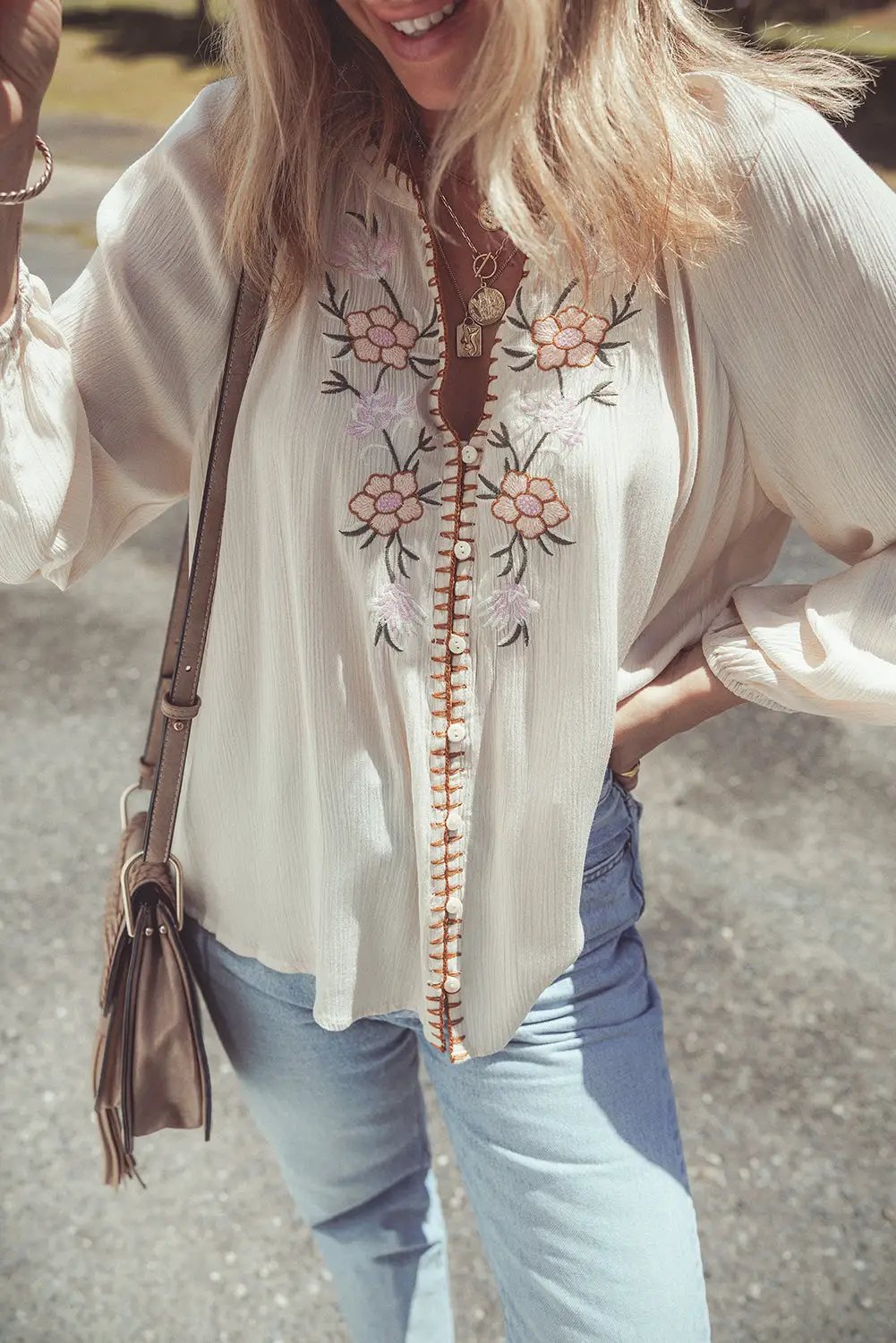 Grateful Threads Boutique Beige Floral Embroidered Puff Sleeve Shirt - Shirts