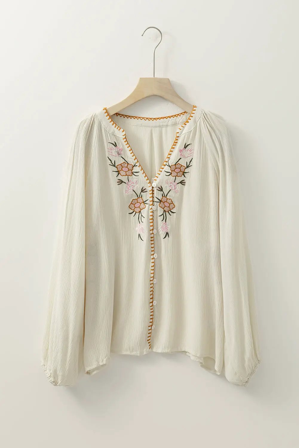 Grateful Threads Boutique Beige Floral Embroidered Puff Sleeve Shirt - Shirts
