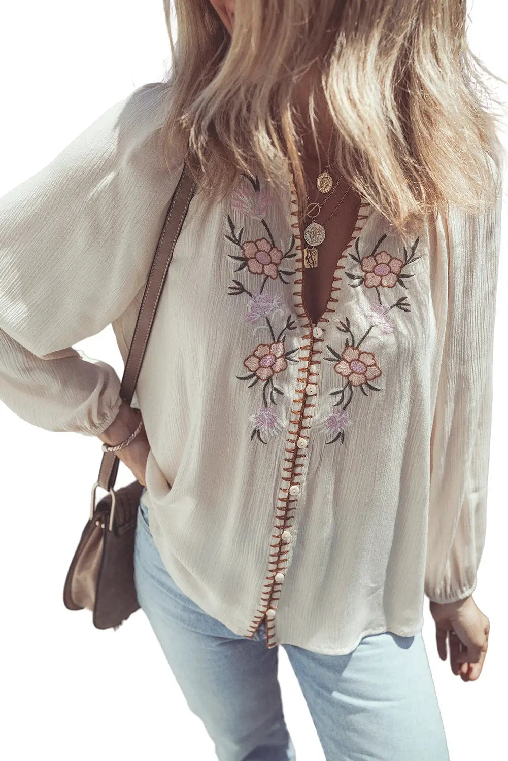Grateful Threads Boutique Beige Floral Embroidered Puff Sleeve Shirt - Shirts