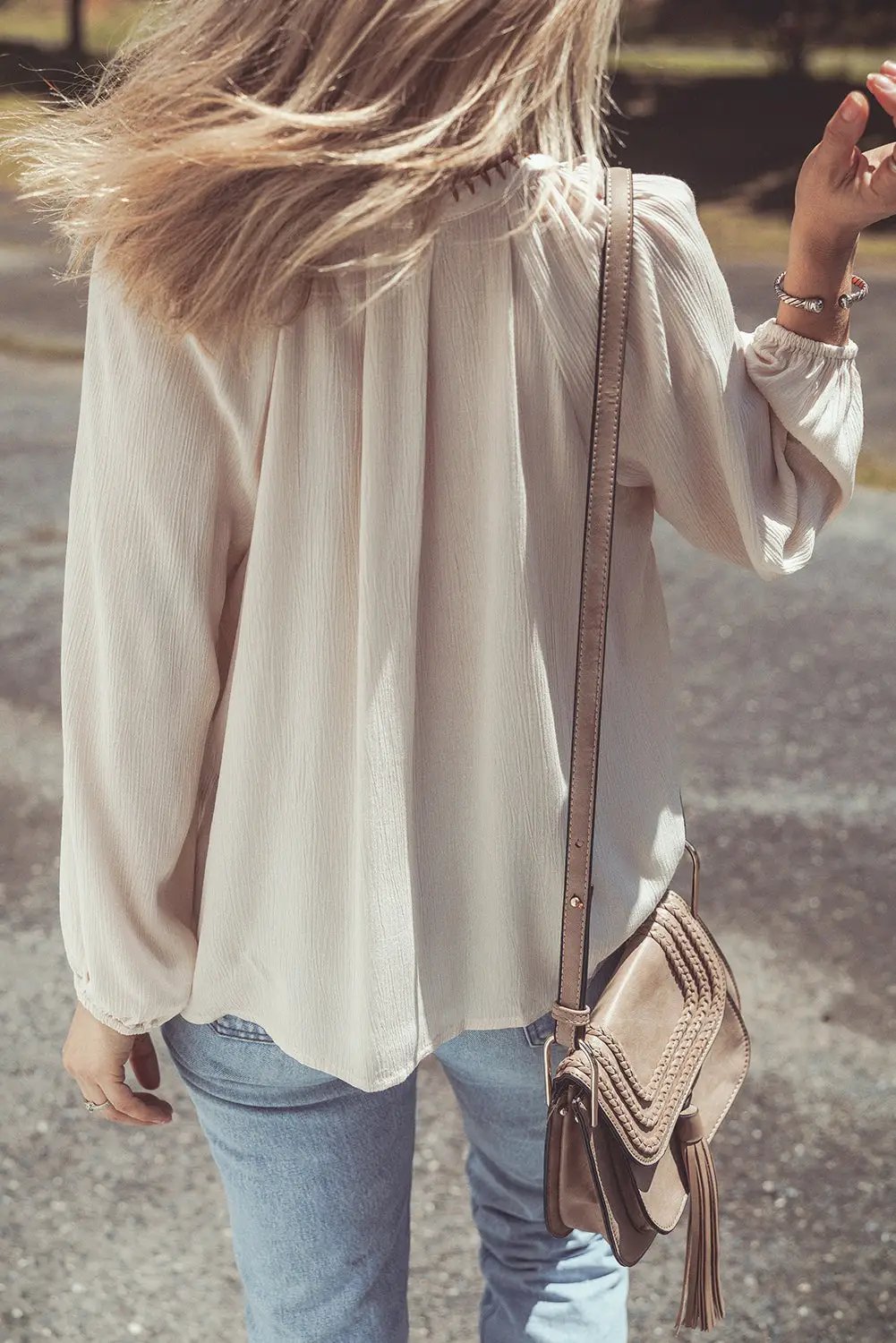 Grateful Threads Boutique Beige Floral Embroidered Puff Sleeve Shirt - Shirts