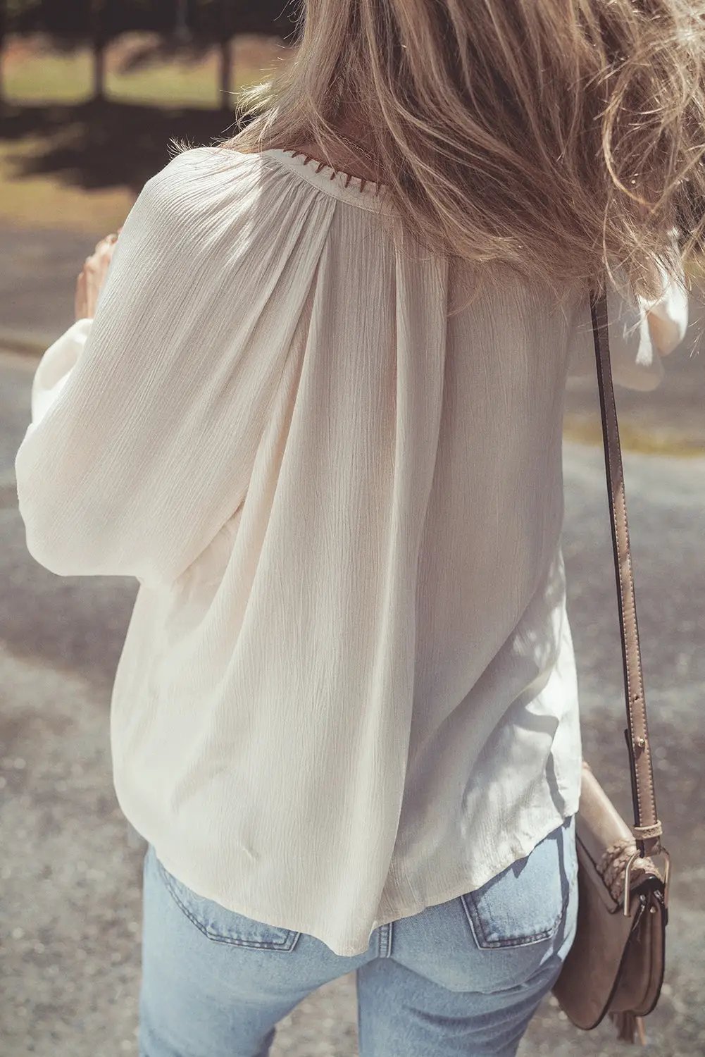 Grateful Threads Boutique Beige Floral Embroidered Puff Sleeve Shirt - Shirts