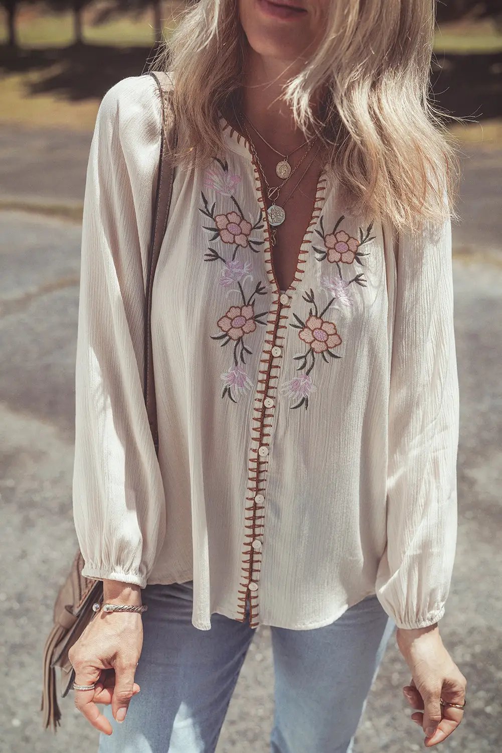 Grateful Threads Boutique Beige Floral Embroidered Puff Sleeve Shirt - Shirts